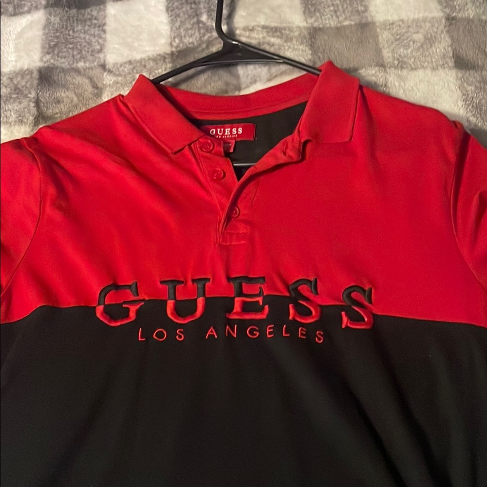GUESS Men's Red and Black Polo Shirt